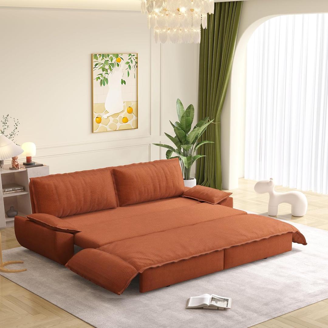73.2" Queen Size Sleeper Sofa Bed, 3-in-1 Convertible Pull Out Couch with Deep Seat, Plush Corduroy Cloud Loveseat and Chaise Lounge for Living Room, Bedroom, Apartment, Guest Room and Small Spaces