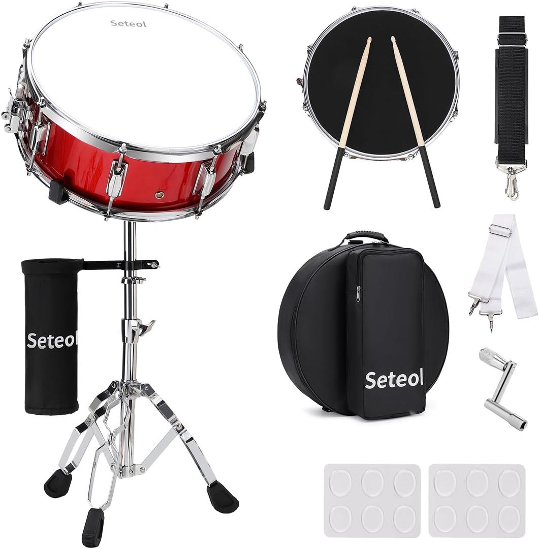 Snare Drum Set, 14" x 5.5" Marching Snare Drum with Stand & Storage Padded Bag + Silent Mute Pad + Drums Sticks + Drumstick Holder + Drums Key + Damper Gels for Adults (Red)