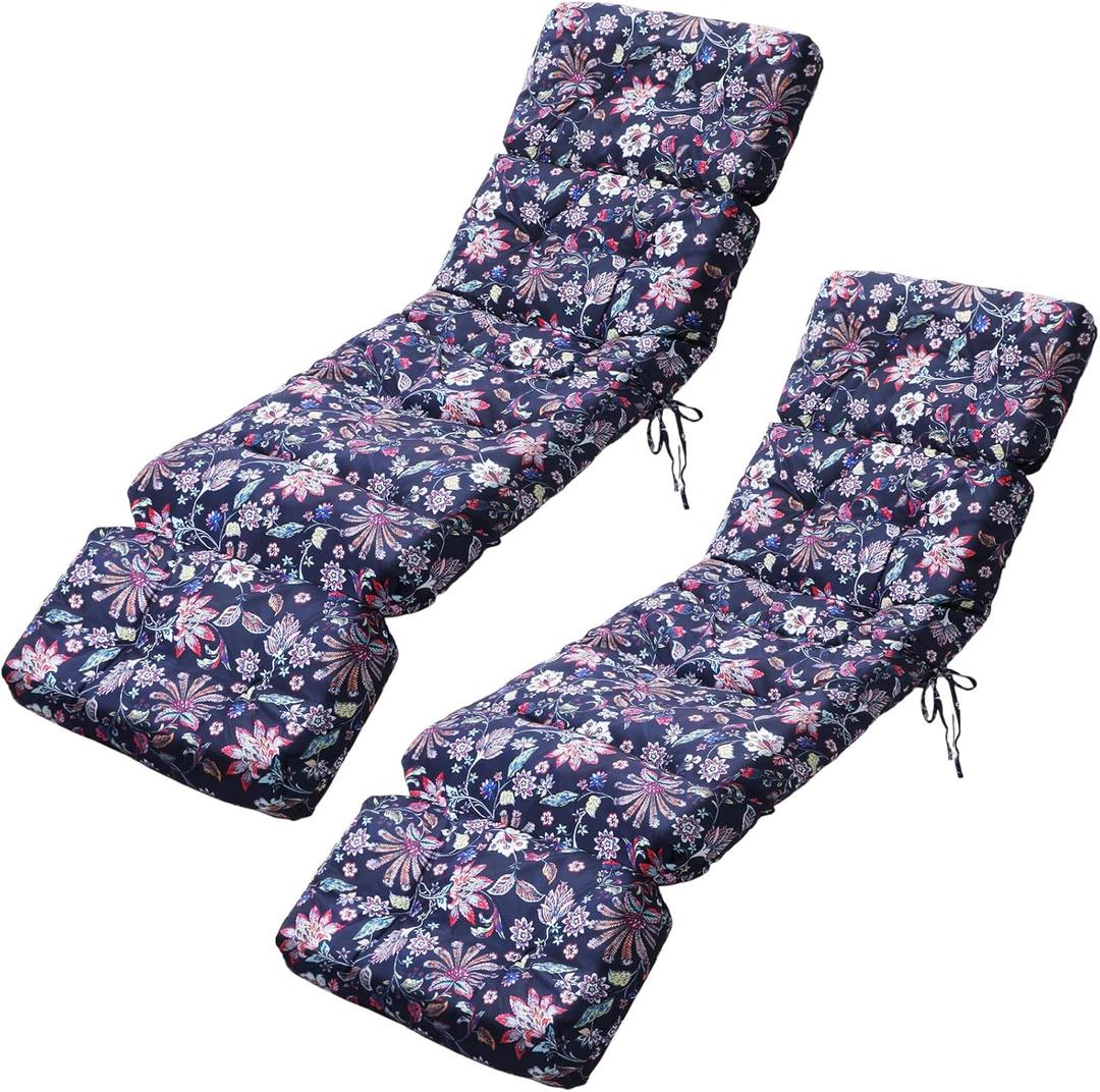 Youyole 2 Pcs Outdoor Chaise Lounge Chair Cushion 75.1 x 22.8 x 4.7 Inches Replacement Modern Tufted Chaise Cushion for Outdoor Furniture Patio Pool with Ties, Black Vintage Floral