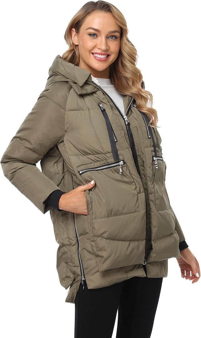 Women's Winter Thickened Down Jackets Long Down Coats Warm Parka with Hood (Small, Olive)