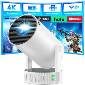 Mini Projector, Projector with Wifi and Bluetooth Built-in Battery 4K Portable Projector for Outdoor Bedroom, Smart Projectors 1080P Compatible with iphone/TV Stick/HDMI/Laptop (pure white)