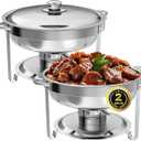 Chafing Dish Buffet Set of 2 Pack, 5QT Round Stainless Steel Chafer for Catering, Upgraded Chafers and Buffet Warmer Sets with Food & Water Pan, Lid, Frame, Fuel Holder for Event Party Holiday