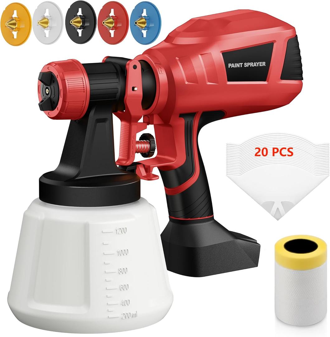 Cordless Paint Sprayer - Compatible with Milwaukee M18 18V Battery (Tool Only), Paint Spray G with 3 Spray Patterns & 5 Nozzles, 1200ml Tank, 700ml/min, Easy for Fence, Furniture, Cabinets, Doors (Red)