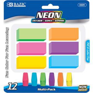 BAZIC Products Erasers + Pencil Top Erasers Set (12/Pack), Block Bevel Erasers Neon Color, Arrowhead Caps Tops, Latex Free, for Art Drawing School, 1-Pack