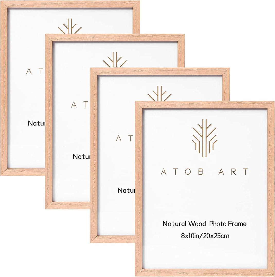 ATOBART 8x10 Oak Wood Picture Frames, 4 Pack Natural Wood Color Photo Frame with High Definition Glass for Wall Mount or Table Top Display