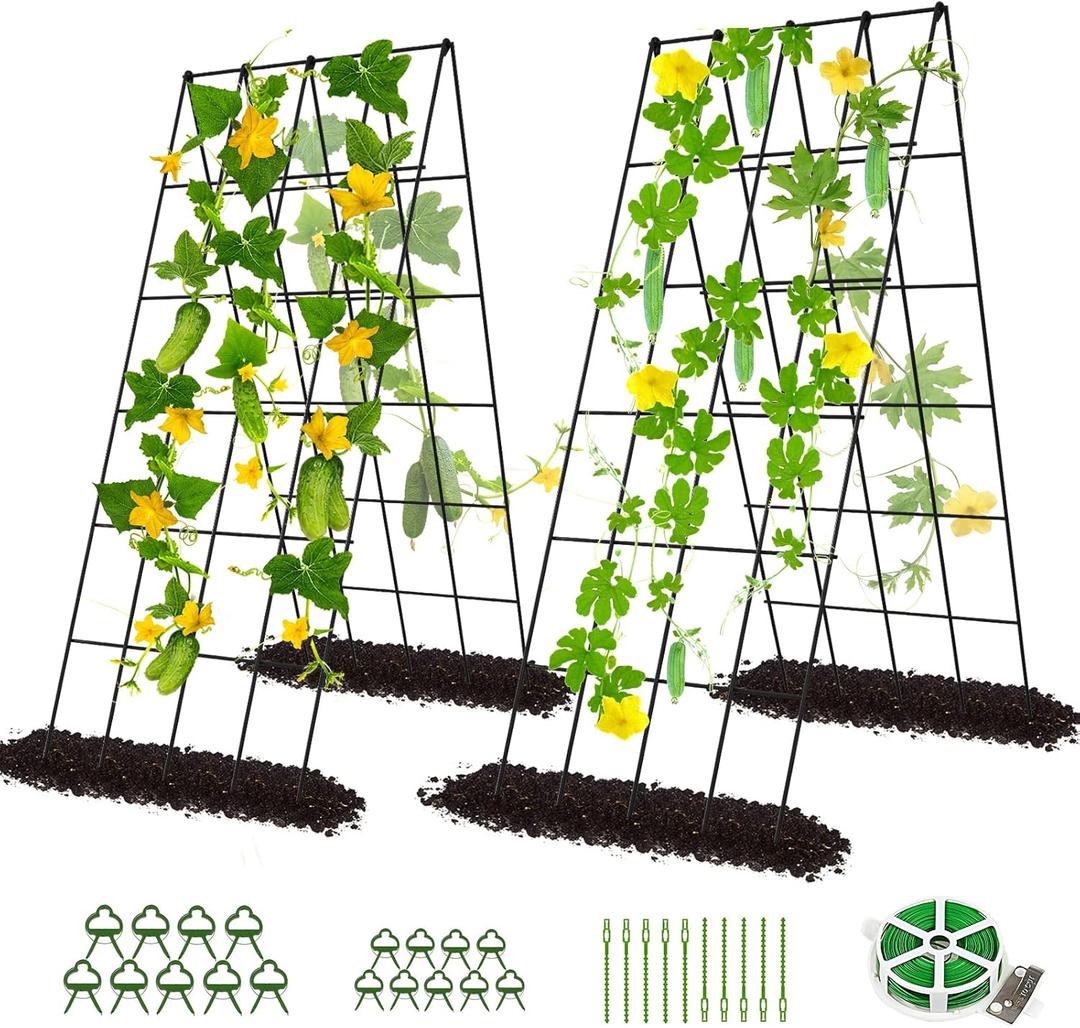 DoCred Cucumber Trellis, 2 Pack Foldable A Frame Trellis for Raised Bed Climbing Plants, Vegetables, Includes Plant Support Clips, Twist Ties, Plastic Ties- Made from PVC-Coated Steel (39.4" H)