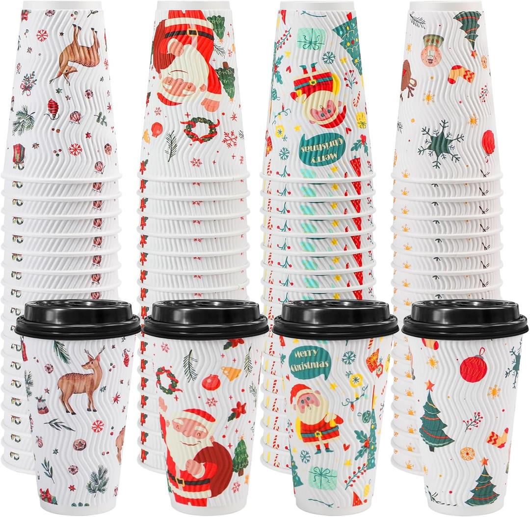 100 Pack Christmas Coffee Cups with Lids 16oz, Disposable Insulated Ripple Wall To Go Paper Coffee Cups for Hot/Cold Drinks Office Home Shop Event (Colorful)