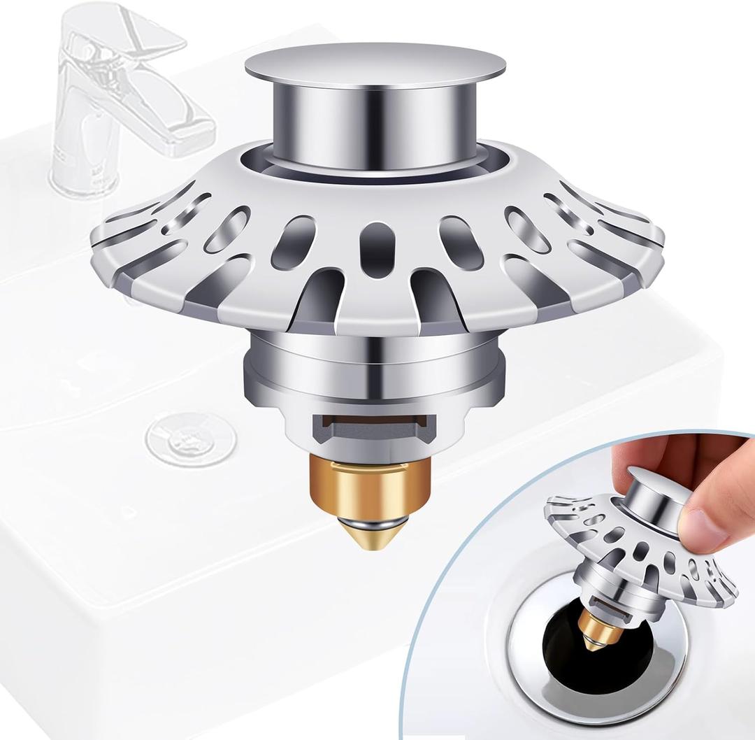 5.0 Upgraded Universal Bathroom Sink Stopper Pop Up, Sink Drain Plug for 1.06-1.80'' Drain Holes, Anti Clogging Sink Drain Filter with Hair Catcher, Bathroom Stainless Steel Sink Catcher Basket