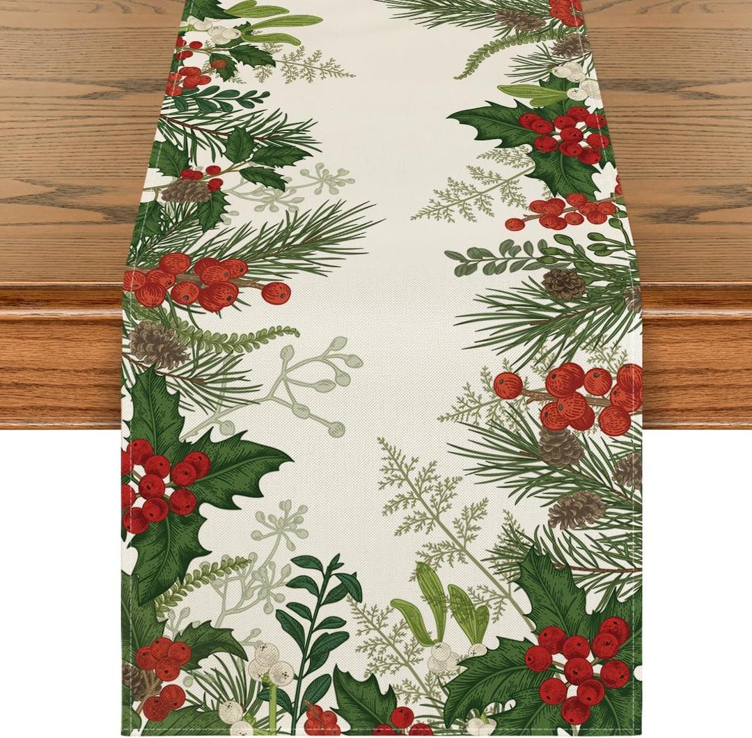 Artoid Mode Holly Pine Cone Christmas Table Runner, Seasonal Winter Kitchen Dining Table Decoration for Home Party Decor 13x72 Inch (Green)