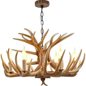 Antler Chandelier 6 Light, Rustic Style Antler Light Fixtures, E12 Base Deer Antler Chandelier Lighting for Home Store Bar (6 lamp arms + 3arm)