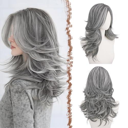 FESHFEN Grey Wavy Layered Wig with Curtain Bangs for Women, 20 Inch Long Synthetic Natural Looking Middle Part Hair Wig For Costume Party Daily Use