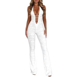 Raruxxin Women Sexy See Through Lace Jumpsuit Sleeveless Backless Cut Out Skinny Long Romper Sheer One Piece Outfit Clubwear (White, L)