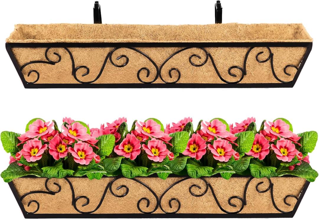 2pcs 30 Inch Window Deck with Coco Liner, 30" Window Boxes Horse Trough with Coconut Coir Liner, Metal Hanging Flower Planter Window Basket Deck Railing Planter Boxes for Outdoor Indoor Lawn