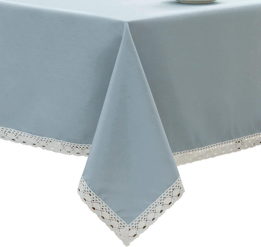 EHouseHome Faux Linen Tablecloth with Lace Trim - Waterproof/Spill Proof/Stain Resistant/Wrinkle Free/Oil Proof - for Banquet, Parties, Dinner, Wedding, Holiday, Blue Fog, Rectangle 60x120Inch