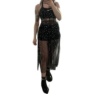 Mluiov Women's Tulle Sheer Mesh Sequin Swimsuit Cover Up Sparkly Flowy Long Maxi Slit Dress Rave Festival Sexy Outfits Black Size Large