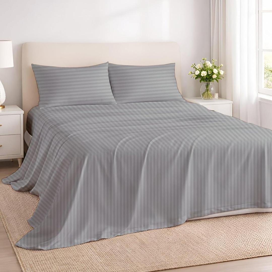 Rajlinen 100% Cotton Full Sheets Set, Cooling & Breathable Bed Sheets, 16 Inch Deep Pocket Fitted Sheet with All-Around Elastic, Soft & Durable Bedding Set, Light Grey Stripe