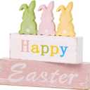 Wooden Easter Bunny Sign Decorations, 5 Piece Happy Easter Blocks for Tiered Tray, Table Centerpiece, Mantel Home Decor