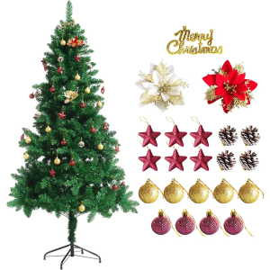 JMFFL 6ft Green Artificial Christmas Tree, Christmas Pine Tree for Home Party Christmas Decorations with 600 Branches and Two-Color Decorative Flowers Decorative Balls