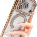 Magnetic Glitter Diamond for iPhone 17 Pro Max Case[Compatible with MagSafe] Sparkle Rhinestone Camera Lens Protector Plated, Crystal Clear Slim Military Drop Shockproof Cover for Women,Gold