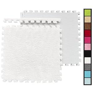 12 Pcs Shaggy Interlocking Foam Carpet Tiles - 12" x 12", 12 Sq, Ft Kids Carpet Squares Protective Floor Mats Crawling Exercise Area Rugs for Children Room, Home or Classroom Use, White
