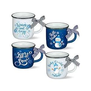 Lallisa 4 Pcs Winter Christmas Coffee Mugs with Ribbon Ceramic Mug Gift Hot Cocoa Mini Coffee Cups Holiday Mugs Tiered Tray Decoration with Handle for Kitchen Farmhouse Home Housewarming Centerpieces
