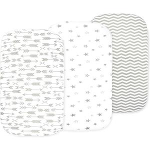 Bassinet Sheets for Baby Girl & Boy – 3-Pack Soft Fitted Bassinet Sheets, Organic Cotton, Breathable & Cozy, Fits 32x16x4 Inch Rectangle, Oval & Hourglass Mattresses (Grey/White)
