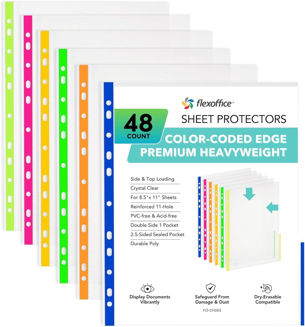 FLEXOFFICE 48 Pack, Color Edges Plastic Sheet Protectors 8.5"x11", Premium Heavy Duty, Top & Side Loading, Page Protectors Sheet Reinforced 11-Hole Fit for 2/3/4 Ring Binder