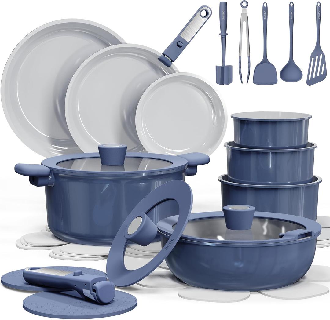 CAROTE 27pcs Ceramic Cookware Set Nonstick, Pots and Pans Set Non Stick, Non Toxic Cookware Detachable Handles, Dishwasher/Oven Safe, RV/Camping Cookware, Pan and Pot with Kitchen Utensils, Navy Blue