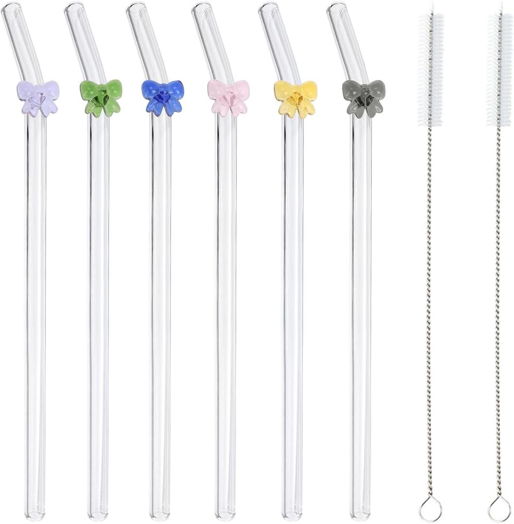 6 Pcs Reusable Glass Straws with 2 Cleaning Brushes,Colorful Shatter Resistant Bend Straws for Cocktails Smoothies Milkshakes Juices Teas Bar Accessories (bow)