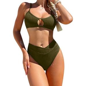 Lilosy Sexy High Waisted Cutout Ribbed V Cut Bikini Set 2 Piece Swimsuit M