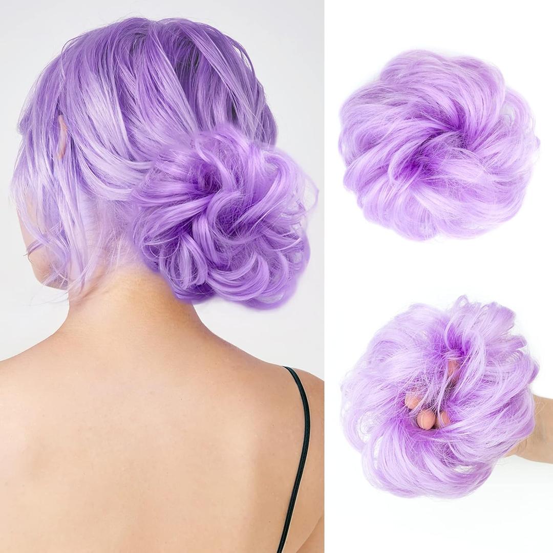 1 PCS Messy Bun Hair Piece, Hair Bun Hair Pieces for Women Girls Curly Wavy Synthetic Hair Bun Scrunchies Ponytail Extensions Light Purple