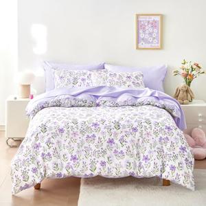 Wake In Cloud - Floral Bedding Set for Girls, Cute Colorful Botanical Flowers Patterned Soft Lightweight Comforter Set with Sheets, 7 Pieces Kids Bed in a Bag, Purple White, Full Size