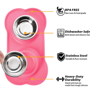 Hubulk Pet Dog Bowls 2 Stainless Steel Dog Bowl with No Spill Non-Skid Silicone Mat + Pet Food Scoop Water and Food Feeder Bowls for Feeding Dogs Cats Puppies (S, Pink)