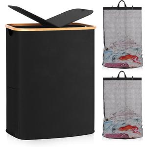 JUNGYOON 150L Laundry Hamper with Lid, Double Laundry Hamper with 2 Removable Bags Foldable Clothes Hampers for Laundry for Bedroom, Bathroom, Dorm, Laundry Room（39.6 gallons）Dark Black