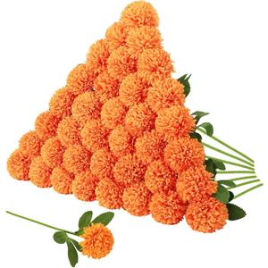 36 Pcs Artificial Flowers Chrysanthemum Ball Flower Orange Fake Silk with Stems Ball Bouquet Fake Mums Floral for Mexican Day Home Decor Table Centerpiece Parties