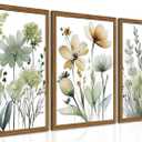 Wood Framed Sage Green Botanical Wall Art Set of 3, Boho Floral Canvas Wall Decor Paintings, Minimalist Flower Posters Prints Pictures for Bedroom Bathroom Living Room Home Decor 12x16 Inch (16L" x 12W")