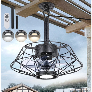Outdoor Ceiling Fan with Light for Patios, Waterproof Gazebo Fans Outdoor Hanging 6 Speeds Plug in Caged Ceiling Fan with Remote Control, 3 Color Temperature for Porch Pergola (Black)