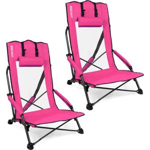 SPORT BEATS Low Beach Chairs Set of 2 Folding Beach Chairs High Back Support with Head Pillows Shoulder Straps (Pink)