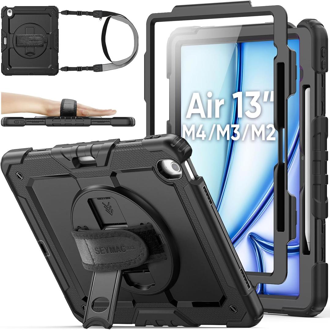 SEYMAC stock Case for iPad Air 13-inch M4-M2 2026-2024 (Gen 8-6), Shockproof Heavy Duty Case with Screen Protector, Pencil Holder, Rotating Stand, Hand Strap, Shoulder Strap, Black