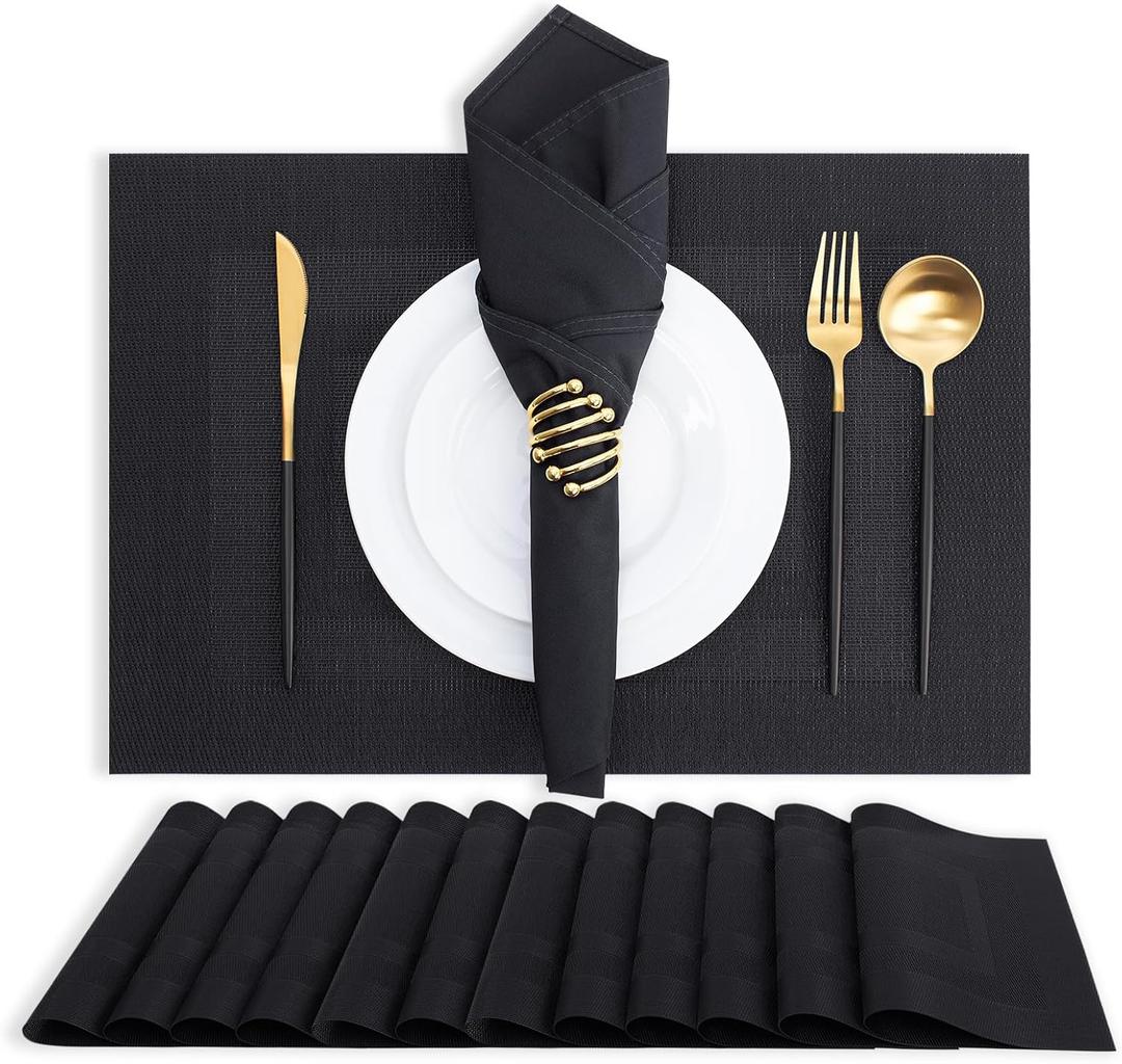 MOSAYT Plastic/Vinyl Placemats Set of 12 - Woven Heat Resistant Place Mats, Washable Outdoor Patio Table Mats for Kitchen/Dining/Party(12 x 18 inch, Black)