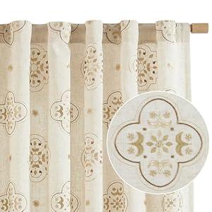 jinchan Linen Curtains 63 Inch Length Embroidery Floral Country Farmhouse Curtains for Living Room Rustic Rod Pocket Back Tab Semi Sheer Window Curtains Drapes Beige Bedroom Curtains, 2 Panels 55" W