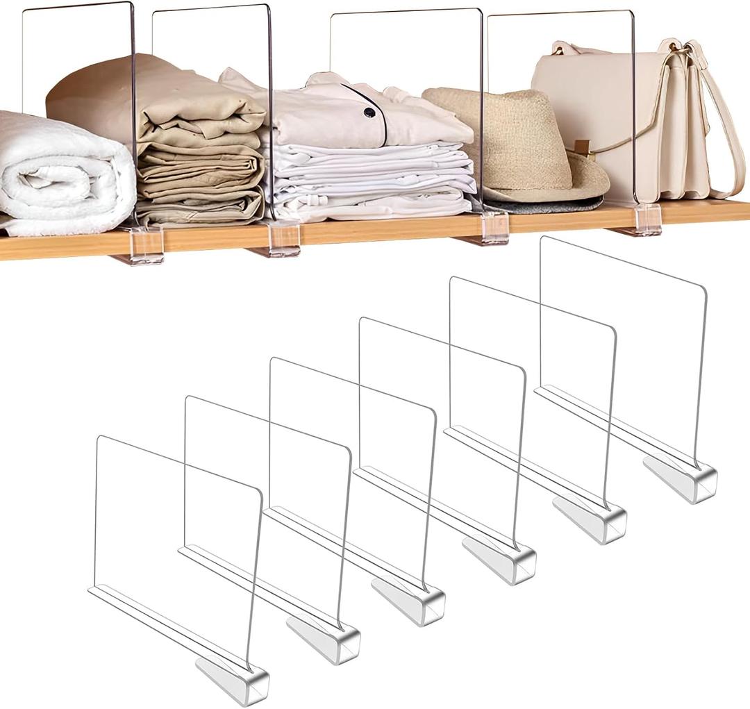 Sooyee 6 Pack Beautiful Acrylic Shelf Dividers, Perfect Perfect for Closets Kitchen Bedroom Shelving Organization to Organize Clothes Closet Shelves, Books, Towels and Hats, Purses Separators, Clear