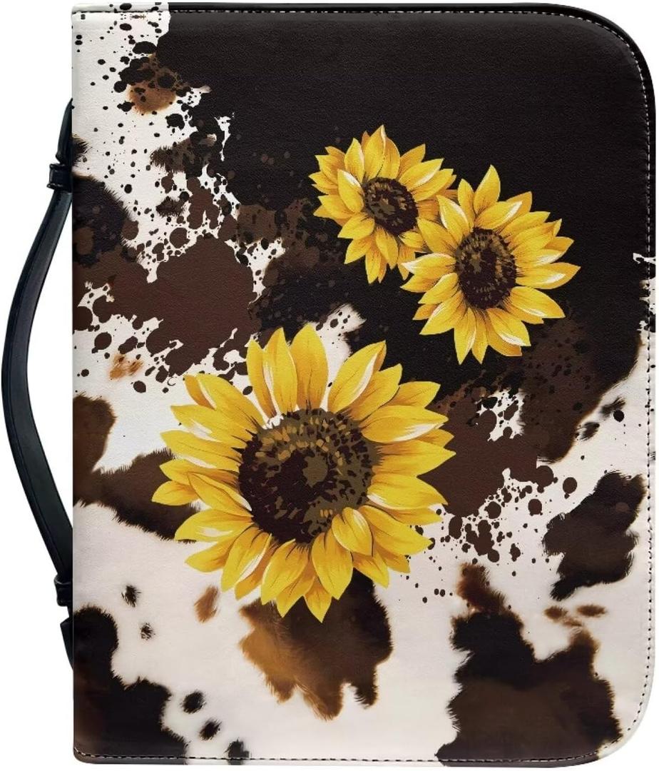 FOR U DESIGNS Large Bible Cover Size L PU Leather Bible Case for Girls Cow & Sunflower Print Bible Covers for Women Bible Carrier Portable Bible Holder