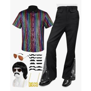 6 PCS Men's 70s Disco Outfit Costume Retro 80s Bell Bottom Pants short Sleeve Shirts Wigs Necklace Moustache Sunglasses, XXXL