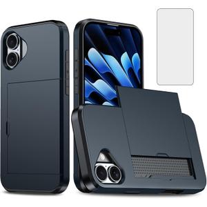 Asuwish Phone Case for iPhone 16 Plus 6.7 inch with Tempered Glass Screen Protector and Credit Card Holder Wallet Cover Hard Hybrid Cell Accessories i Phone16 16+ i16 + 16Plus Women Men Navy Blue (Navy Blue)