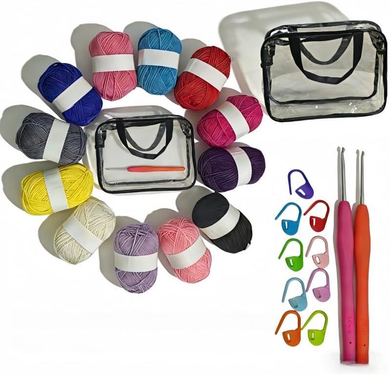 24-piece Crochet Starter kit Includes 12-Color Yarn Bundle, 2 Crochet Hooks, 9 Stitch Markers, and a Storage Bag; Complete Knitting Set Suitable for DIY Crafts and Scarf Making