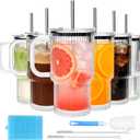 Accguan 6Pack 20oz Ribbed Glass Tumbler with Straw and Lid,Glass Cup with Handle,Reusable lced Coffee Cups with lids-Glass Cups with Lids for Smoothie,Coffee,Juice,Tea,Travel Mug,Cold & Hot Beverages