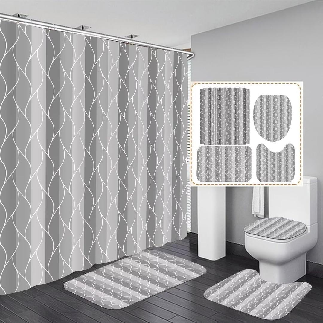 DDQQ 4Pcs Grey Shower Curtain Set with Rugs Stripe Bathroom Sets Geometric Wave Lines Shower Curtain with 12 Hooks Bathroom Decor with Rugs Bath Accessories with Mats Toilet Lid Cover