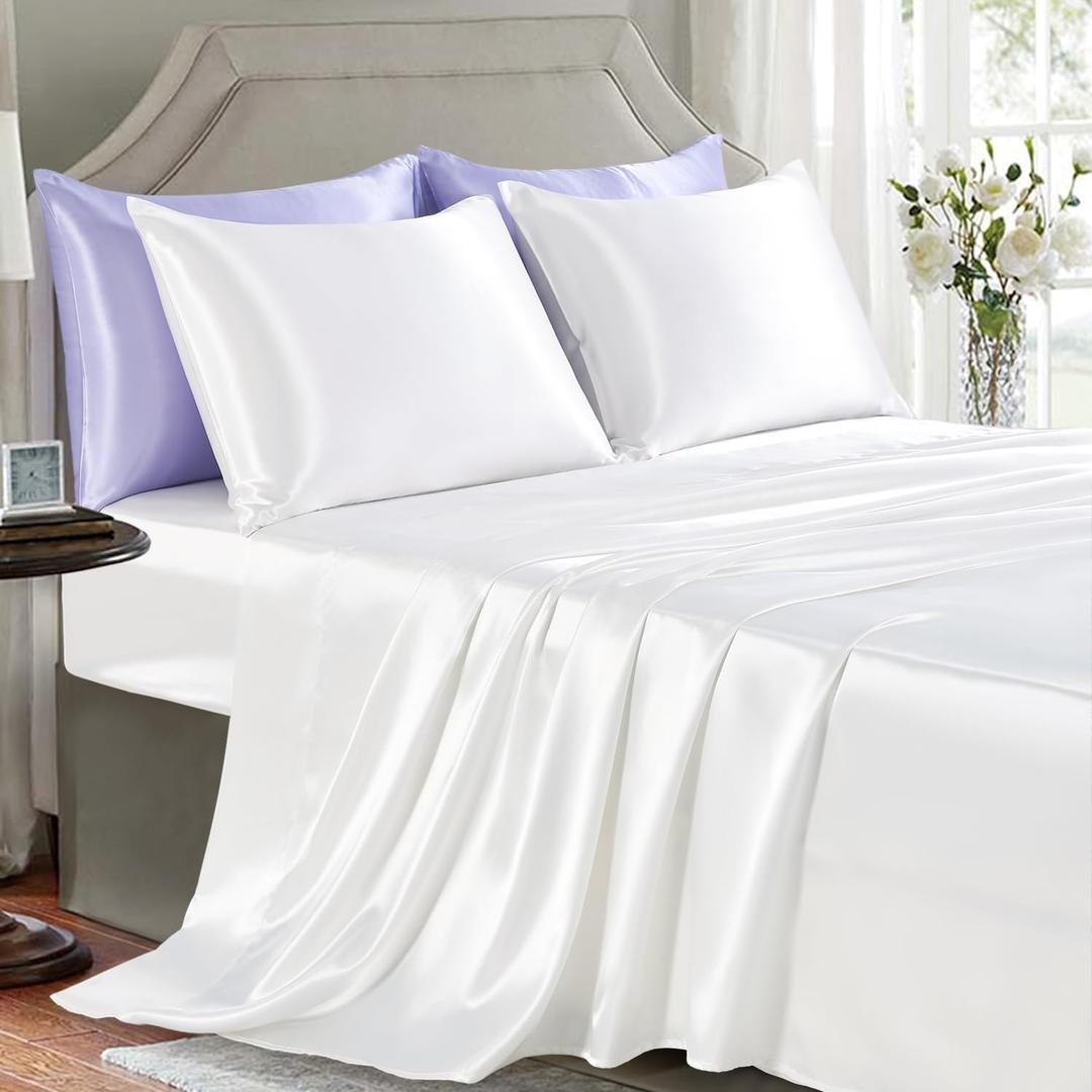 Satin Sheets Full Size - 4 Pieces Luxury Silky Soft Bed Sheets, Wrinkle-Free White Satin Silk Sheet Set with 1 Deep Pocket Fitted Sheet, 1 Flat Sheet, 2 Pillow Cases