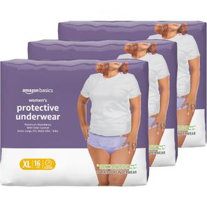Amazon Basics Postpartum Incontinence Underwear for Women, Maximum Absorbency, Bladder Leak Protection, Soft, Disposable, Odor Control, Comfortable Fit, X-Large, Lavender, 48 Count (3 Packs of 16)